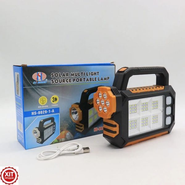 Ліхтар акумуляторний, 3 режими, USB, сонячна панель, 2800мАч, HS-8029-1-A, 7+54 SMD / Переносний ліхтарик / Прожектор з павербанк  0234564443 фото