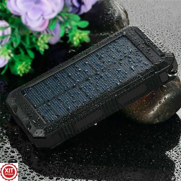 Ударостійкий повербанк 20000 mAh із сонячною батареєю 2хUSB, Чорний / Сонячний Powerbank з ліхтарем  0234575185 фото
