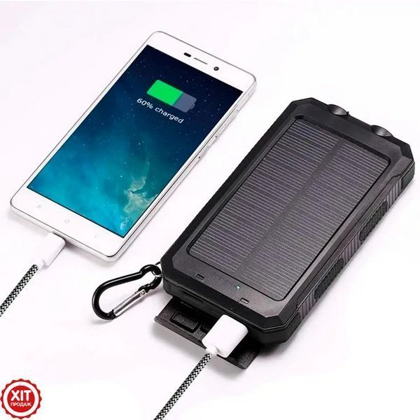 Ударостійкий повербанк 20000 mAh із сонячною батареєю 2хUSB, Чорний / Сонячний Powerbank з ліхтарем  0234575185 фото