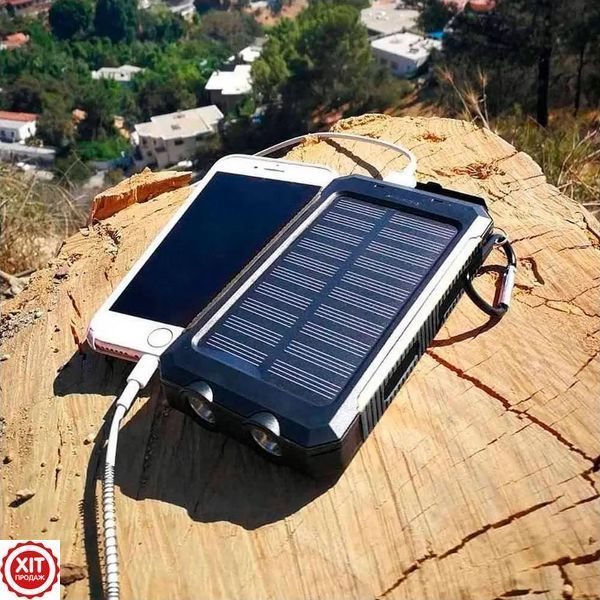 Ударостійкий повербанк 20000 mAh із сонячною батареєю 2хUSB, Чорний / Сонячний Powerbank з ліхтарем  0234575185 фото