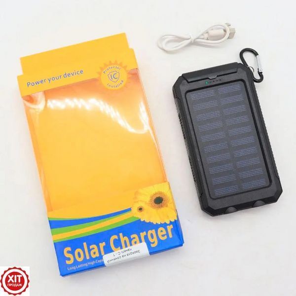 Ударостійкий повербанк 20000 mAh із сонячною батареєю 2хUSB, Чорний / Сонячний Powerbank з ліхтарем  0234575185 фото