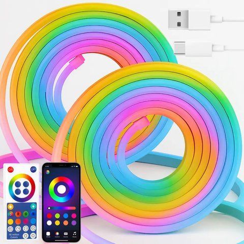 Набір 2шт Розумна неонова стрічка RGB 5м, від USB, з Bluetooth / Світлодіодне підсвічування в кімнату / Гнучкий неон  0234576026 фото