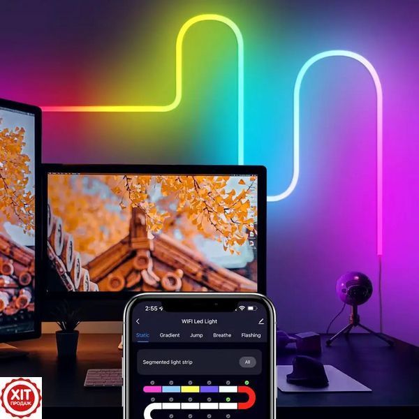 Набір 2шт Розумна неонова стрічка RGB 5м, від USB, з Bluetooth / Світлодіодне підсвічування в кімнату / Гнучкий неон  0234576026 фото