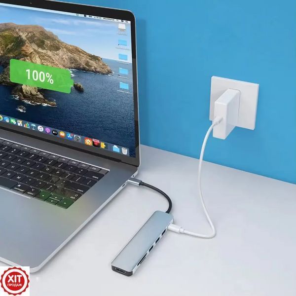 USB хаб 7в1, Type-C to HDMI + SD + TF + 3хUSB + PD, Сірий / USB розгалужувач для ноутбука / ЮСБ хаб 0234565827 фото
