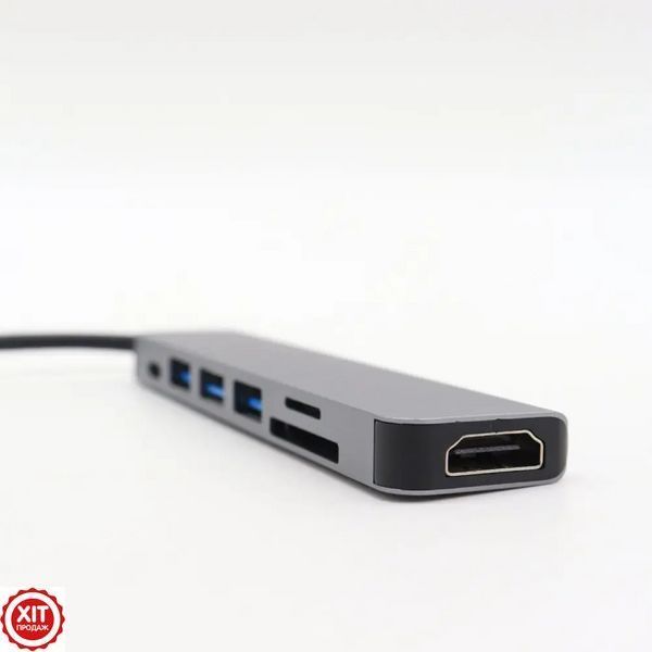 USB хаб 7в1, Type-C to HDMI + SD + TF + 3хUSB + PD, Сірий / USB розгалужувач для ноутбука / ЮСБ хаб 0234565827 фото