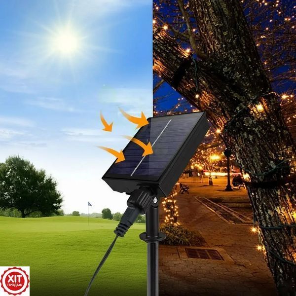 Гірлянда на сонячній батареї, 150 м, 1500LED, Теплий білий / Вулична гірлянда сонячна / Новорічна гірлянда для вулиці  023459021802 фото