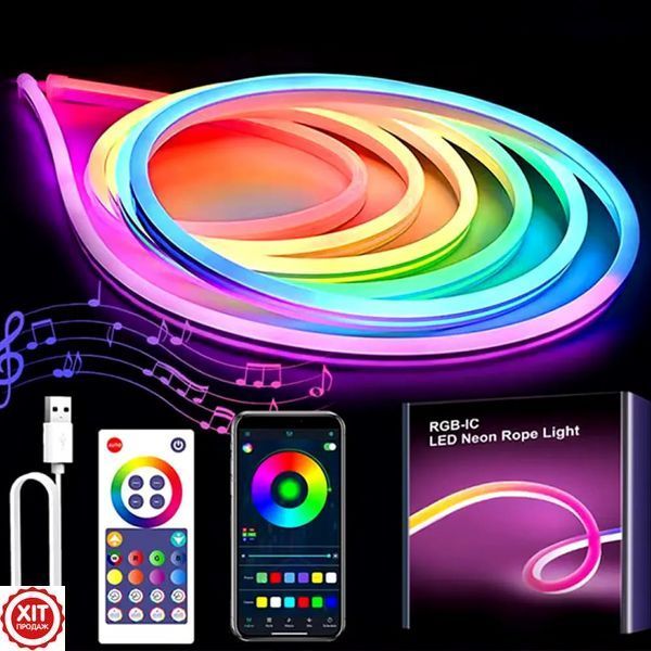 Розумна неонова стрічка RGB 5м + Подарунок Блок живлення CX QC03 / Світлодіодне підсвічування в кімнату / Гнучкий неон  0234576026 фото
