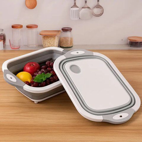 Складна дошка для обробки, з мискою 3 в 1 Chopping Board, Біло-сіра / Дошка кухонна з клапаном для зливу  0123459994 фото