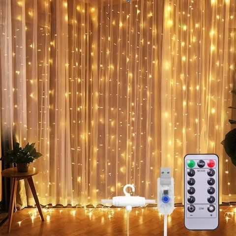 Гірлянда Штора, від USB, 3х2м, 200 LED, Теплий білий / Новорічна гірлянда на вікно з пультом на мідному дроті  023456380102 фото