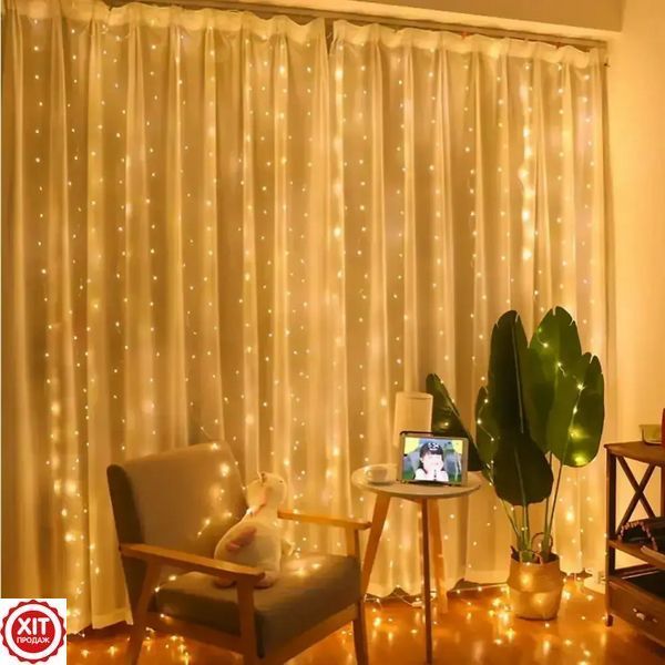 Гірлянда Штора, від USB, 3х2м, 200 LED, Теплий білий / Новорічна гірлянда на вікно з пультом на мідному дроті  023456380102 фото