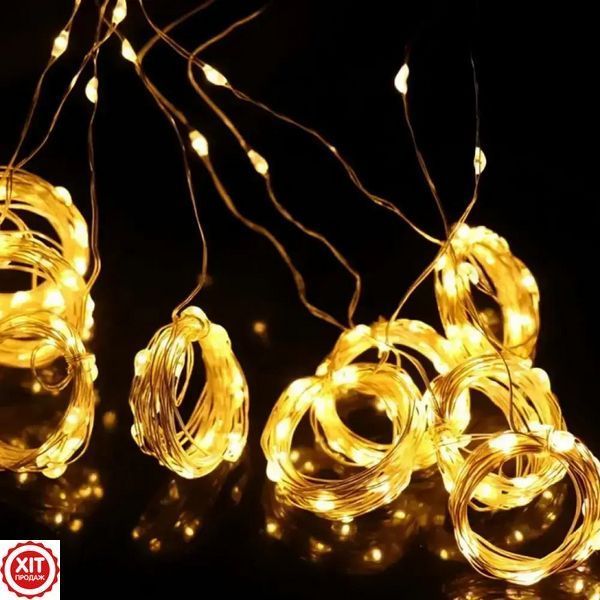 Гірлянда Штора, від USB, 3х2м, 200 LED, Теплий білий / Новорічна гірлянда на вікно з пультом на мідному дроті  023456380102 фото