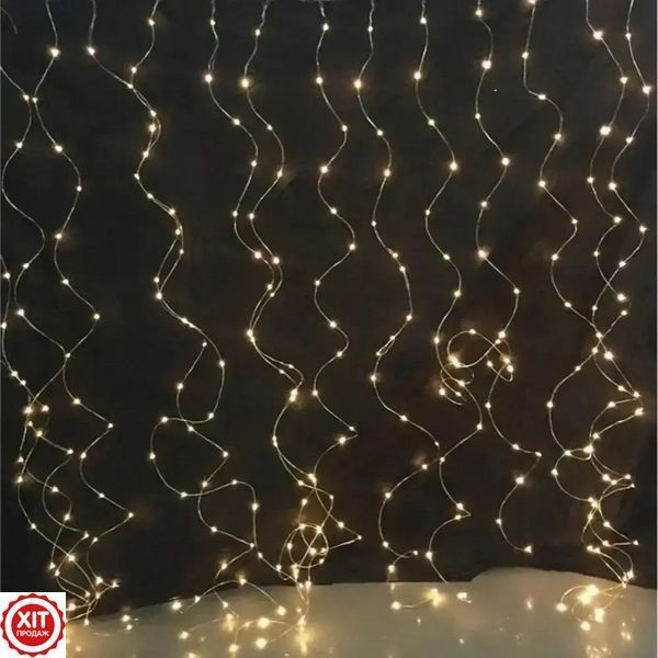 Гірлянда Штора, від USB, 3х2м, 200 LED, Теплий білий / Новорічна гірлянда на вікно з пультом на мідному дроті  023456380102 фото