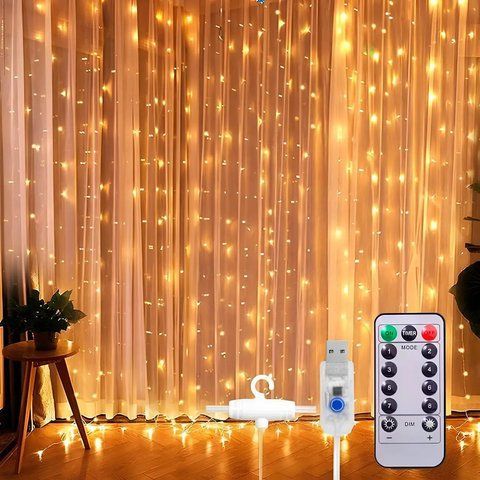 Гірлянда-штора Роса з гачками та пультом, від USB, 3&times;2м, 300LED, Теплий білий / Світлодіодна гірлянда 023457585601 фото