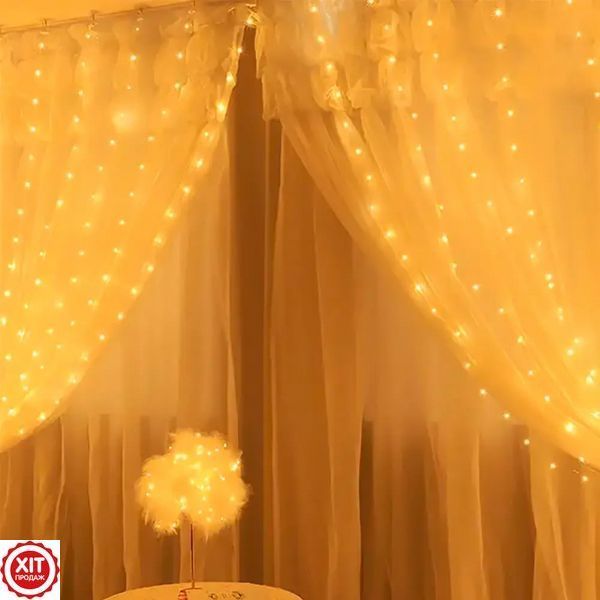 Гірлянда-штора Роса з гачками та пультом, від USB, 3&times;2м, 300LED, Теплий білий / Світлодіодна гірлянда 023457585601 фото