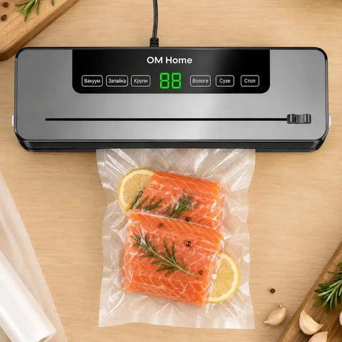 Вакууматор для продуктів з дисплеєм, OM Home, Чорний / Побутовий вакуумний пакувальник для їжі / Кухонний вакууматор для продуктів   0234582996 фото