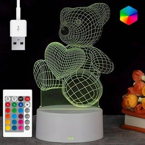 Подарунок дівчині 3D нічник "Ведмедик з серцем" + пульт, від USB / Акриловий світильник / Лампа-нічник 02345742950 фото