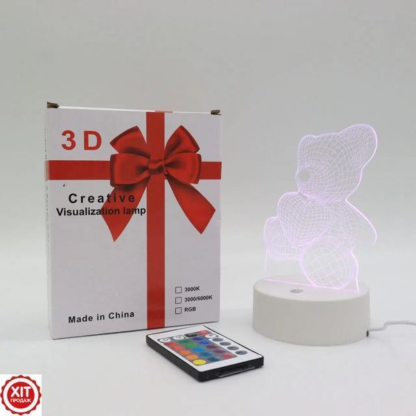Подарунок дівчині 3D нічник "Ведмедик з серцем" + пульт, від USB / Акриловий світильник / Лампа-нічник 02345742950 фото