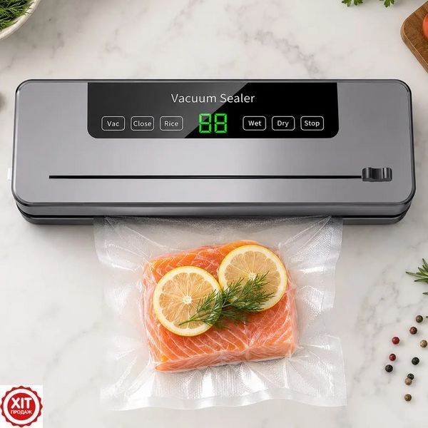 Вакууматор для продуктів з дисплеєм, Чорний / Вакуумний пакувальник для сухих і вологих продуктів / Вакууматор для їжі  0234611666 фото