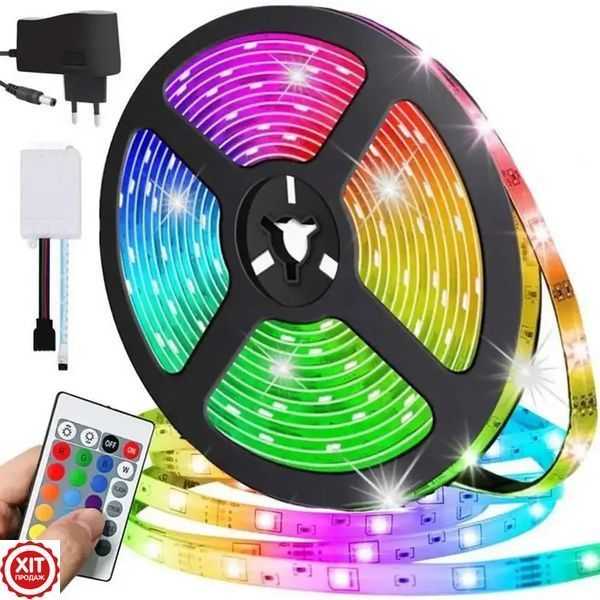 Світлодіодна RGB стрічка 5м, 3528, від мережі + пульт + блок живлення / LED підсвічування для телевізора вологозахищене 0234561216 фото