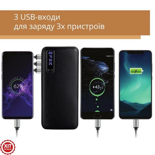 Повербанк 20000mAh, Smart Tech X50, 3 USB, Чорний / Зовнішній акумулятор з ліхтариком та дисплеєм / Портативна зарядка 0234569379010 фото