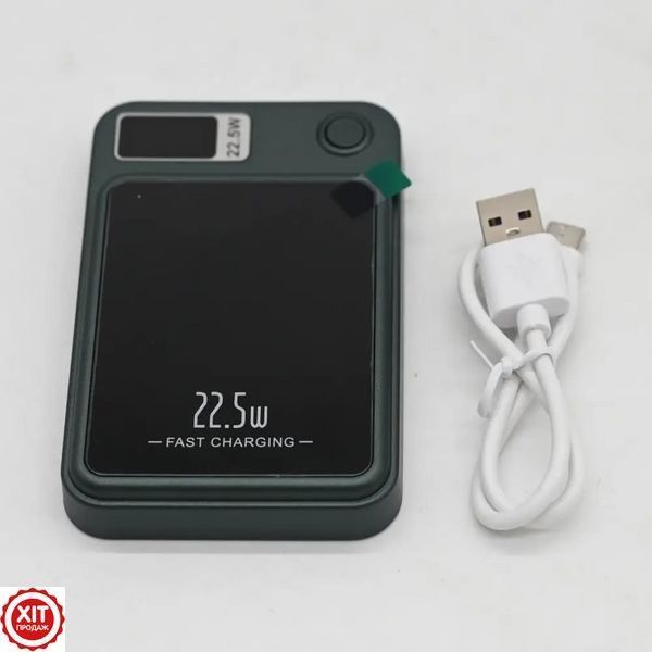 Магнітний повербанк 10000мАг, MagSafe 15Вт (USB + Type-C 22.5Вт) Зелений / Бездротовий павербанк / Power Bank / УМБ  023457539803 фото