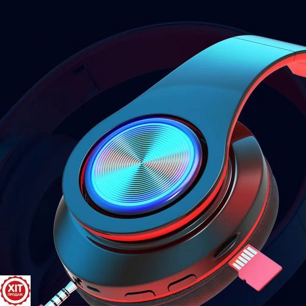 Бездротові навушники з мікрофоном B39 + AUX, Чорні з червоним / Bluetooth навушники з LED підсвічуванням 0234566642 фото