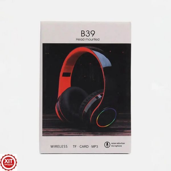 Бездротові навушники з мікрофоном B39 + AUX, Чорні з червоним / Bluetooth навушники з LED підсвічуванням 0234566642 фото