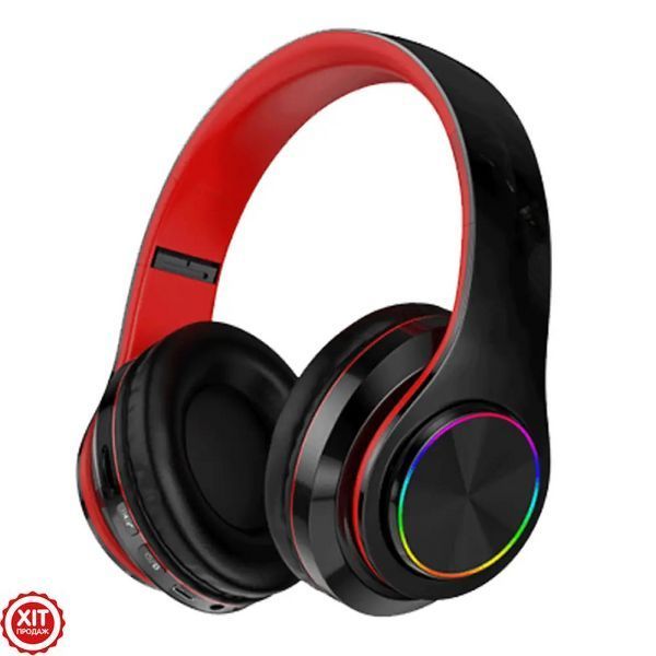 Бездротові навушники з мікрофоном B39 + AUX, Чорні з червоним / Bluetooth навушники з LED підсвічуванням 0234566642 фото