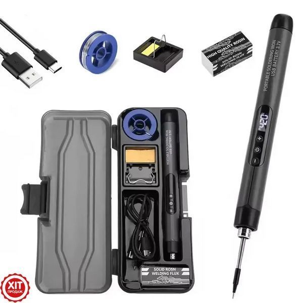 Акумуляторний паяльник з дисплеєм від USB + 3 жала та кейс, C200S G / Портативний паяльник / USB паяльник  0234576626 фото