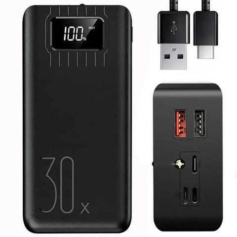 Повербанк 30000мАг з ліхтариком (2хUSB, Type-C, Lightning) KL112, Чорний / Power Bank / Павербанк для телефону  0234570413 фото