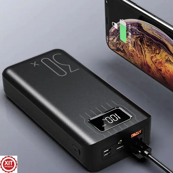 Повербанк 30000мАг з ліхтариком (2хUSB, Type-C, Lightning) KL112, Чорний / Power Bank / Павербанк для телефону  0234570413 фото