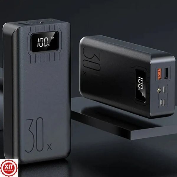 Повербанк 30000мАг з ліхтариком (2хUSB, Type-C, Lightning) KL112, Чорний / Power Bank / Павербанк для телефону  0234570413 фото