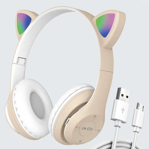 Бездротові навушники з вушками та підсвіткою, Bluetooth, CAT ST71M, Бежевий / Дитячі блютуз навушники  023457652804 фото