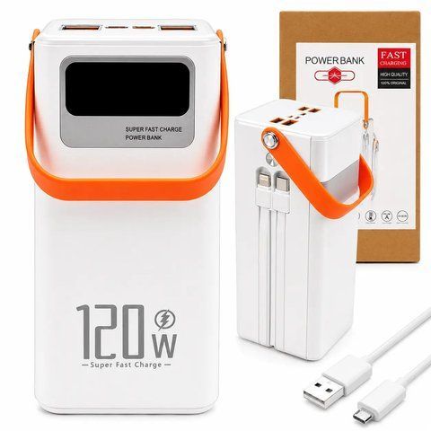 Павербанк з ліхтариком 100000mAh, 120W, QC3,0, LCD, DX205, Білий / Павербанк 100000 мАг швидка зарядка / Павербанк з кабелями  0234594262 фото