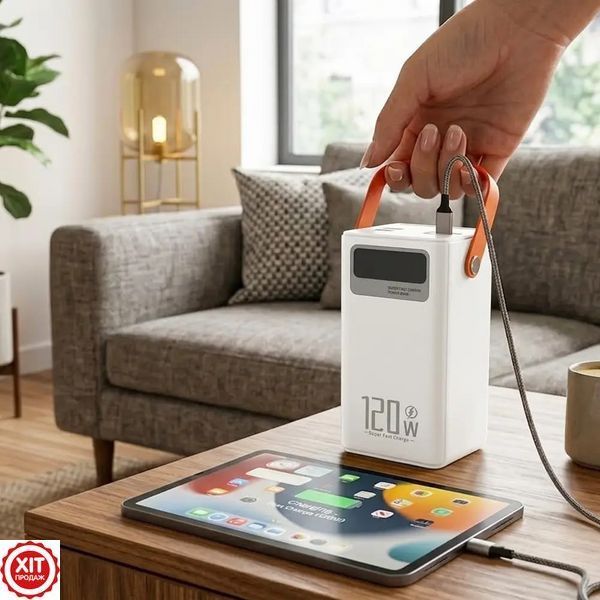 Павербанк з ліхтариком 100000mAh, 120W, QC3,0, LCD, DX205, Білий / Павербанк 100000 мАг швидка зарядка / Павербанк з кабелями  0234594262 фото