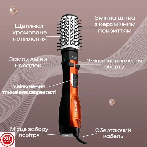 Фен-стайлер для волосся з 3 насадками, 1000Вт, Gemei GM 4828 / Фен-щітка для волосся з обертанням 0234563207 фото