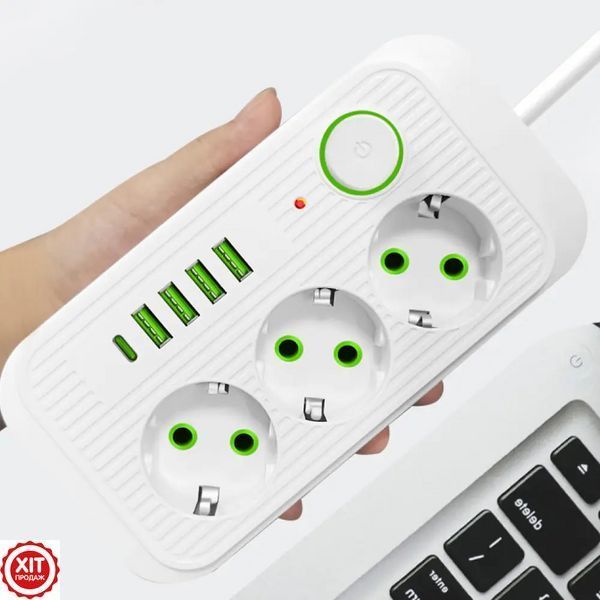 Мережевий фільтр 2500Вт, 2м, (3&times;220В + 4&times;USB + 1&times;Type-C) F09U, Білий / Фільтр-подовжувач з розетками   0234574511 фото