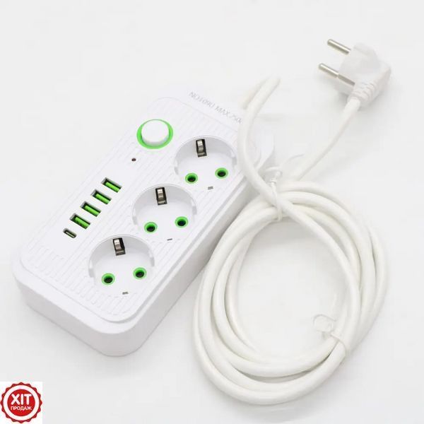 Мережевий фільтр 2500Вт, 2м, (3&times;220В + 4&times;USB + 1&times;Type-C) F09U, Білий / Фільтр-подовжувач з розетками   0234574511 фото