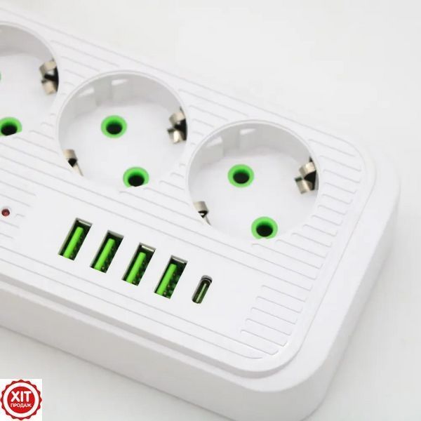 Мережевий фільтр 2500Вт, 2м, (3&times;220В + 4&times;USB + 1&times;Type-C) F09U, Білий / Фільтр-подовжувач з розетками   0234574511 фото