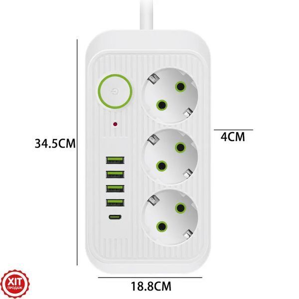 Мережевий фільтр 2500Вт, 2м, (3&times;220В + 4&times;USB + 1&times;Type-C) F09U, Білий / Фільтр-подовжувач з розетками   0234574511 фото
