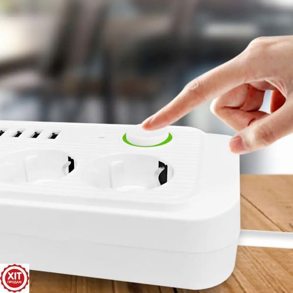 Мережевий фільтр 2500Вт, 2м, (3&times;220В + 4&times;USB + 1&times;Type-C) F09U, Білий / Фільтр-подовжувач з розетками   0234574511 фото