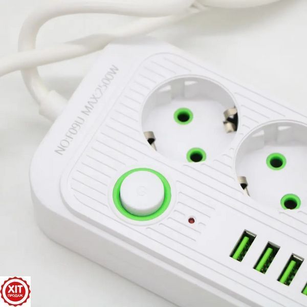 Мережевий фільтр 2500Вт, 2м, (3&times;220В + 4&times;USB + 1&times;Type-C) F09U, Білий / Фільтр-подовжувач з розетками   0234574511 фото