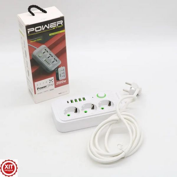 Мережевий фільтр 2500Вт, 2м, (3&times;220В + 4&times;USB + 1&times;Type-C) F09U, Білий / Фільтр-подовжувач з розетками   0234574511 фото