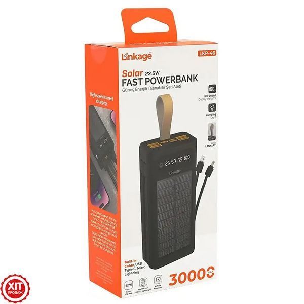 Повербанк 30000mAh з сонячною панеллю, 4хUSB, LINKAGE LKP-46 / Павербанк з ліхтариком / Powerbank для телефону  0234589223 фото