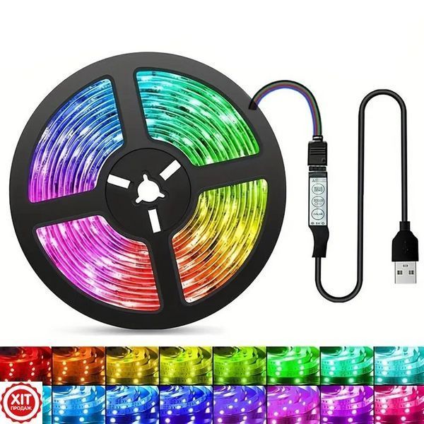 Світлодіодна стрічка 5 м, від USB + пульт TV LED Strip CB-5050 / Кімнатна лед підсвітка / RGB стрічка від повербанку  0234568418 фото