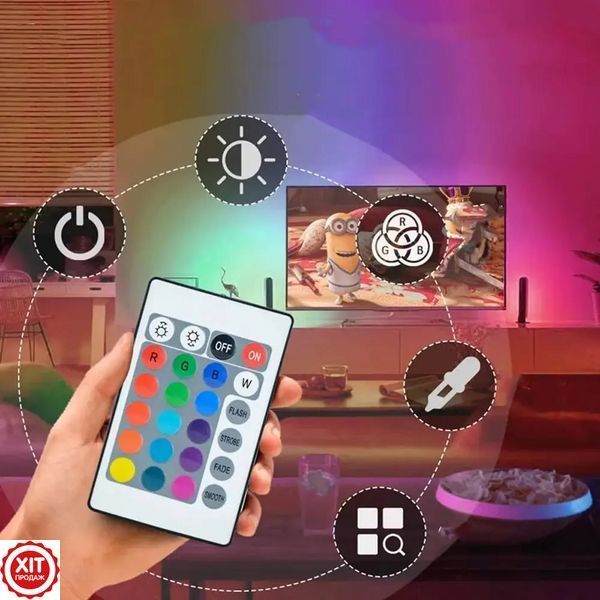 Світлодіодна стрічка 5 м, від USB + пульт TV LED Strip CB-5050 / Кімнатна лед підсвітка / RGB стрічка від повербанку  0234568418 фото