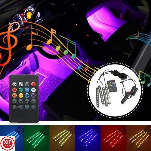 Універсальна RGB LED підсвічування зі світломузикою HR-01678 / Автомобільна Світлодіодна стрічка з пультом 0234561908 фото