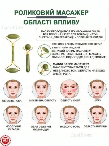 Нефритовий набір два ролики для масажу Їжачок + Гладкий, Скребок Гуаша / Набір Гуаша / Масажер для обличчя 02345687840 фото
