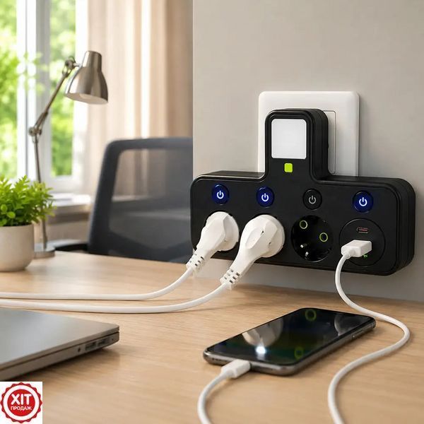 Мережевий фільтр з підсвічуванням 2500Вт, 3 розетки (2хUSB + Type-C) J24U, Чорний / Мережевий трійник / Розгалужувач у розетку  0234573763 фото