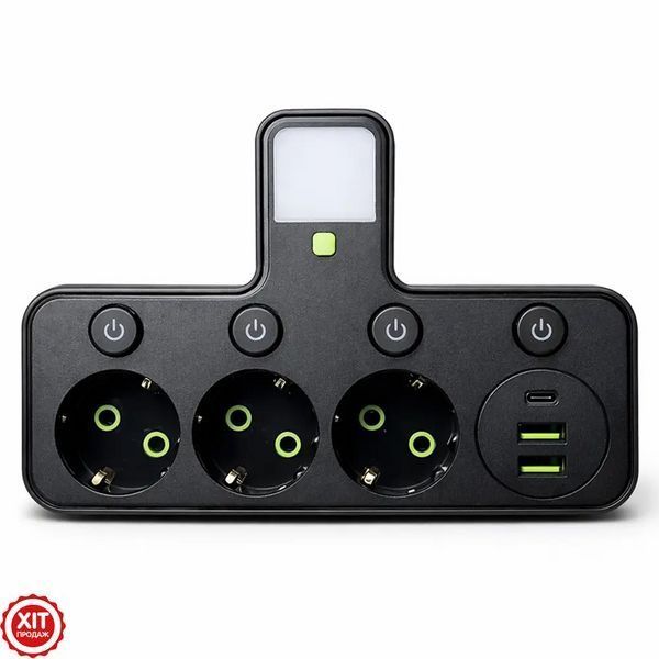 Мережевий фільтр з підсвічуванням 2500Вт, 3 розетки (2хUSB + Type-C) J24U, Чорний / Мережевий трійник / Розгалужувач у розетку  0234573763 фото